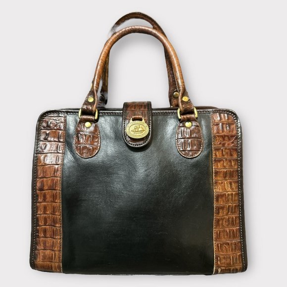 VTG Brahmin Purse Black Leather Pecan Croc Tuscan Too Satchel Convert Crossbody - Picture 3 of 11
